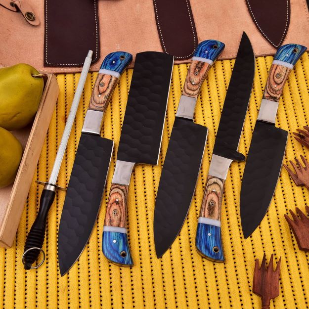 Unique Design Carbon Steel Knife Set with Bonus Sharpener.