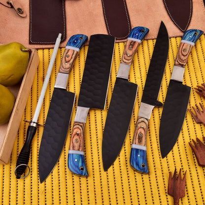 Unique Design Carbon Steel Knife Set  with Bonus Sharpener.