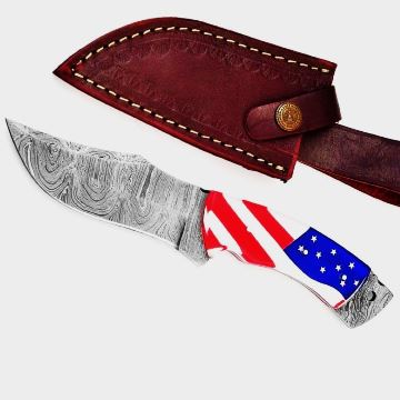 Impressive 9" Damascus Steel Hunting & Survival Knife - US Flag Handle | DXH 2101