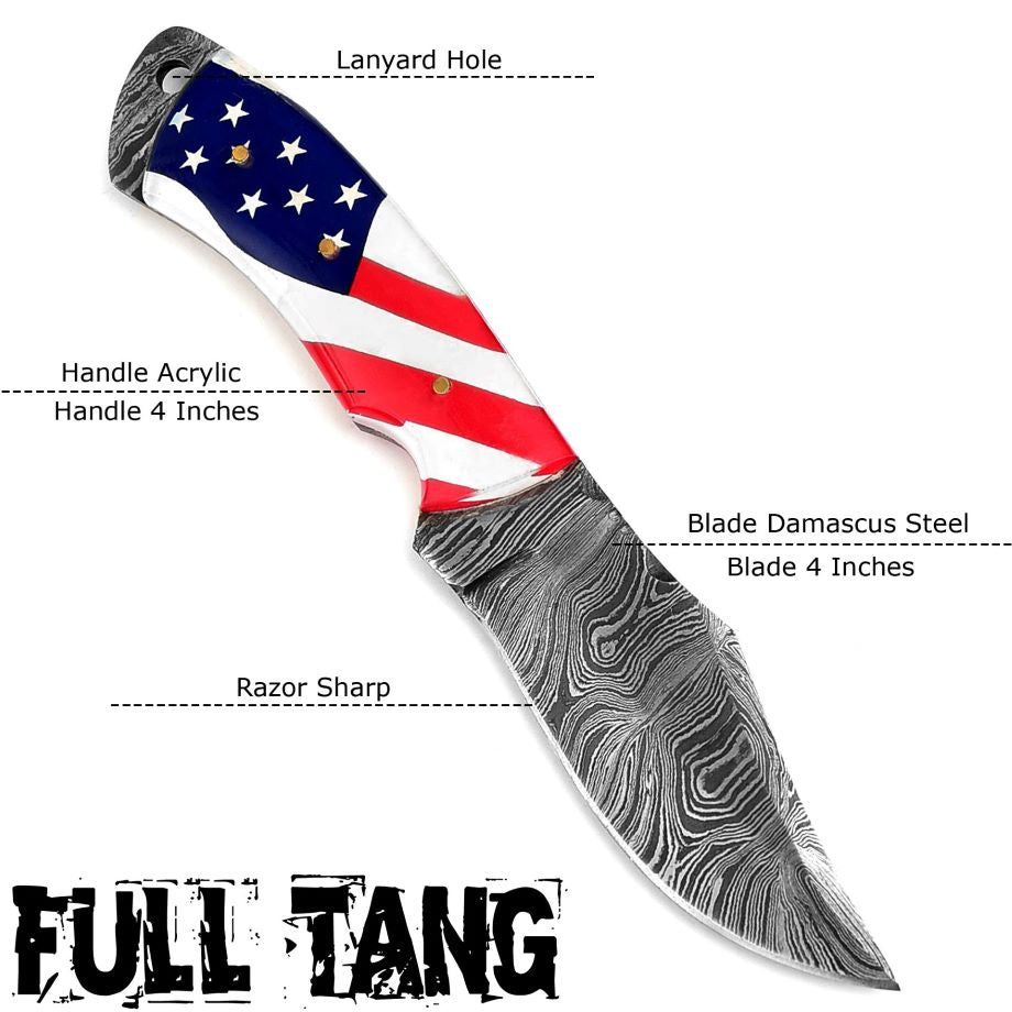 Full tang fixed blade design - 8-inch Damascus hunting knife for camping and survival.