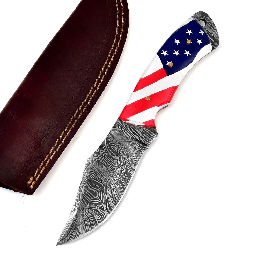 High-quality acrylic handle with twist pattern blade - 8-inch Damascus hunting knife.