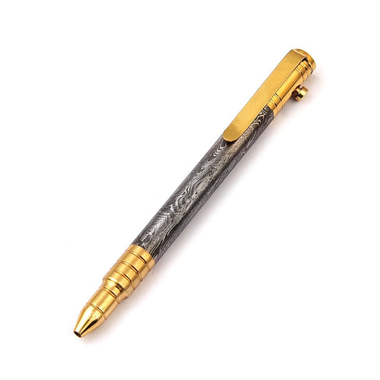 Experience Precision and Style with Sharp Edge’s Damascus Steel and Brass Bolt-Action Ballpoint Pen – Unleash the Bolt for Effortless Writing.