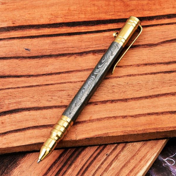 Innovative Bolt Action Pen - Sharp Edge’s Handmade Damascus Steel and Brass Writing Instrument.