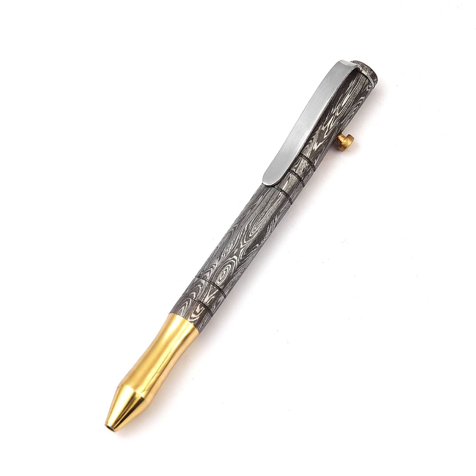 Unveil Distinctive Design and Exceptional Craftsmanship with Sharp Edge’s Damascus Steel and Brass Bolt-Action Ballpoint Pen – A Unique Barrel Twist.