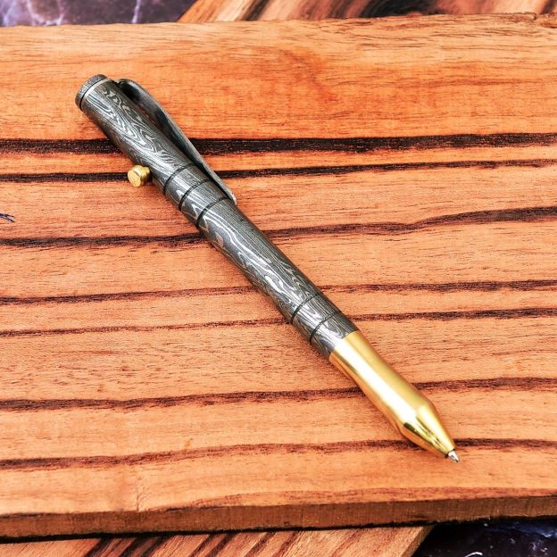 Exceptional Design - Hand-Forged Damascus Steel and Brass Pen with Bolt Action.