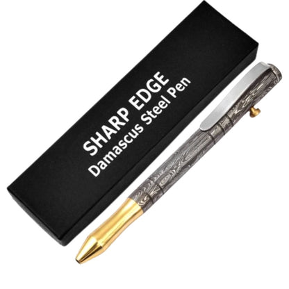 Unleash Innovation - Bolt Action Pen with Damascus Steel and Brass Barrel by Sharp Edge. Comes with a custom box.