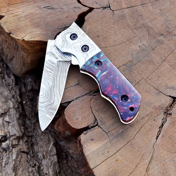 Compact outdoor Damascus steel folding pocket knife on tree log