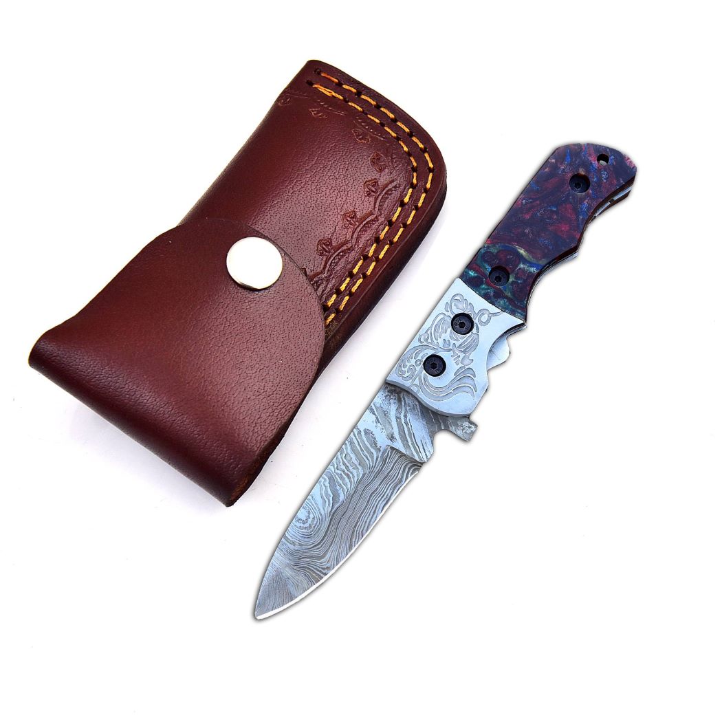 Damascus folding knife with premium leather sheath DLH 1106