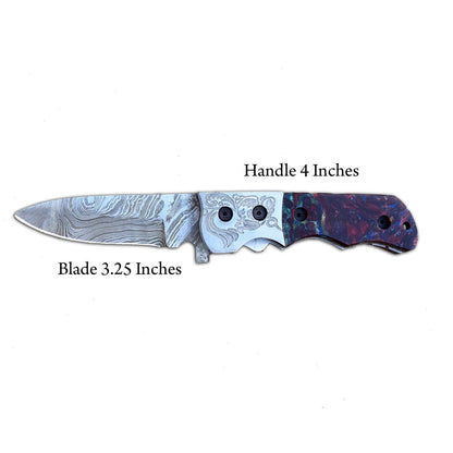 Knife blade and handle size chart — Damascus folding pocket knife
