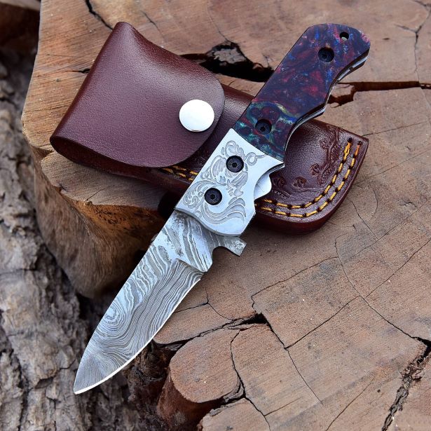 Resin handle grip on Damascus steel folding pocket knife DLH 1106