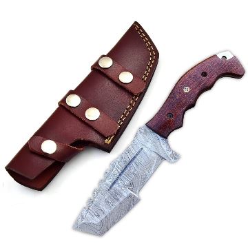 Handmade Damascus Tracker Knife – 5.5" Survival Blade, Brown Micarta Handle, Full-Tang Bushcraft & Hunting Knife | DXH 1101