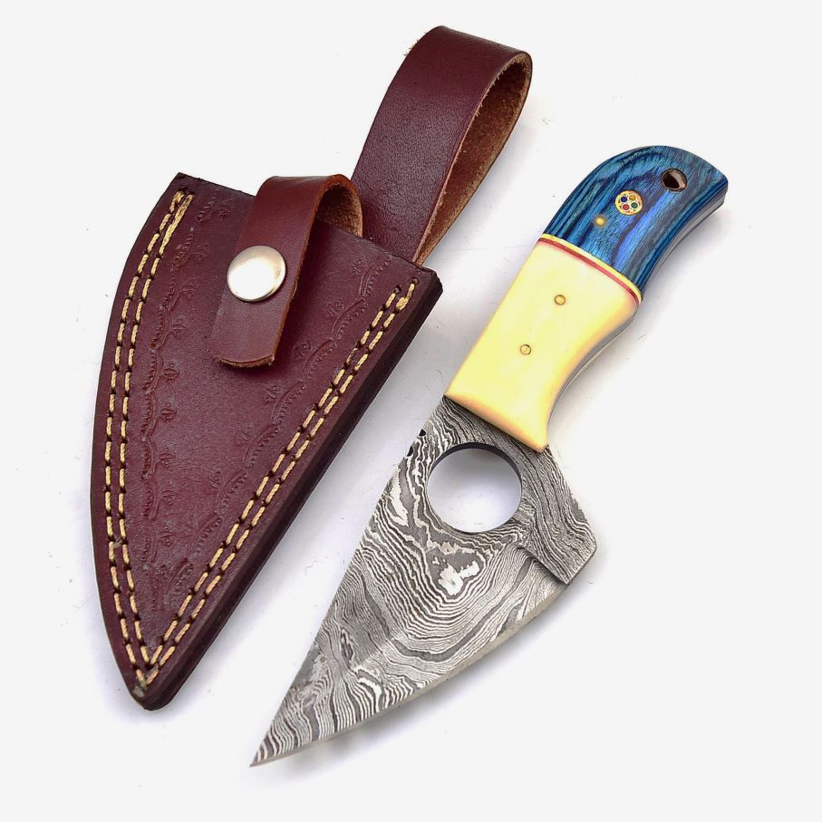 Twist-pattern Damascus skinner knife and brown leather sheath on white background