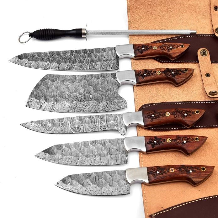 Damascus Steel kitchen Blades with Premium Rosewood and Steel Bolster Handles.