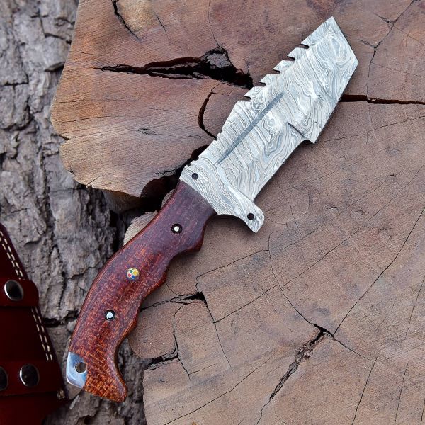 Damascus hunting knife on tree stump showing blade bevels and Micarta handle – DXH-1101
