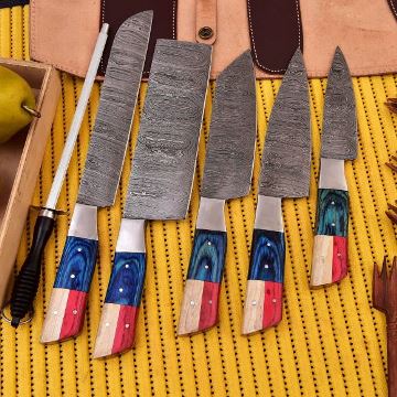 Hand-Forged 5-Piece Damascus Steel Chef Knife Set – Texas Flag Handles | DXC 2103