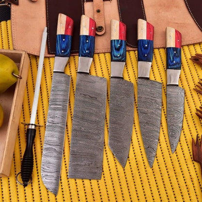 "Damascus Steel Chef Knife Set with Rosewood Handle bearing American Flag"