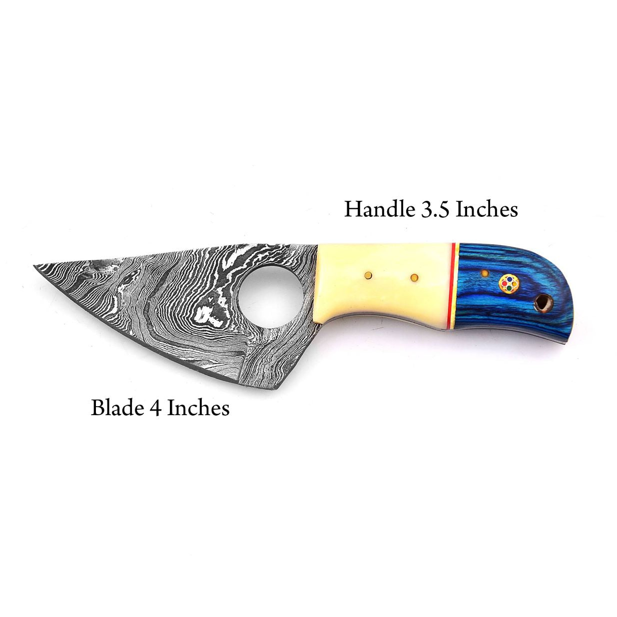 Measurement display: 4 inch Damascus blade and 3.5 inch handle shown on white background.