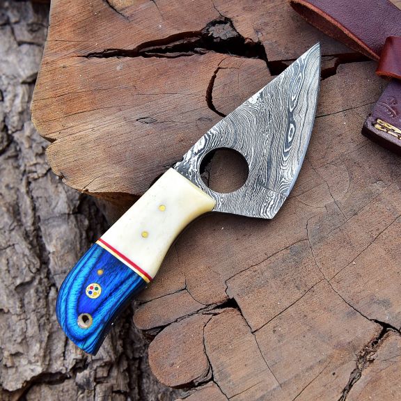 Side-profile view of Pakka wood and bone handle with mosaic pin.