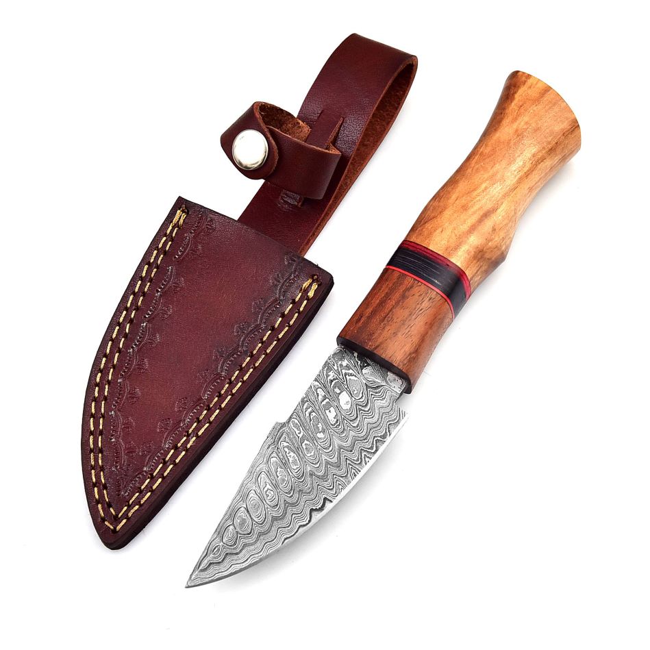 handmade damascus skinner knife with rosewood and olive handle and leather sheath